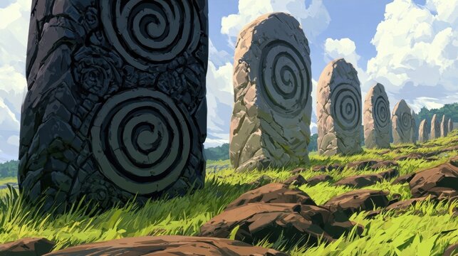 A row of ancient carved stone monoliths with spiral patterns standing in a grassy field under a cloudy sky