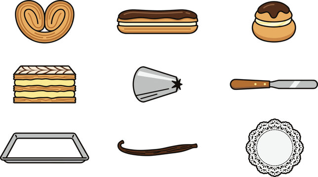 Classic French Pastry Colorful Icon Set with Palmier, Eclair, Choux, Mille Feuille, Palette Knife, and Piping Nozzle Vector Illustration
