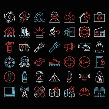 A set of neon emergency and disaster preparedness icons