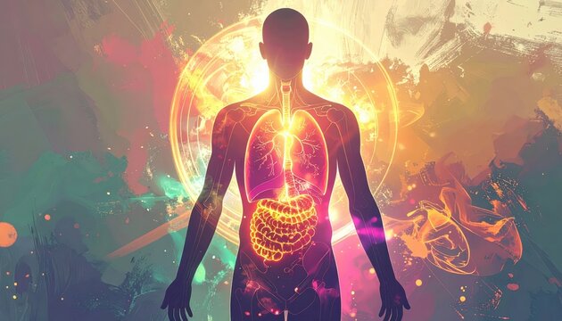 Stylized Silhouette of Human Body Featuring Glowing Inner Anatomy