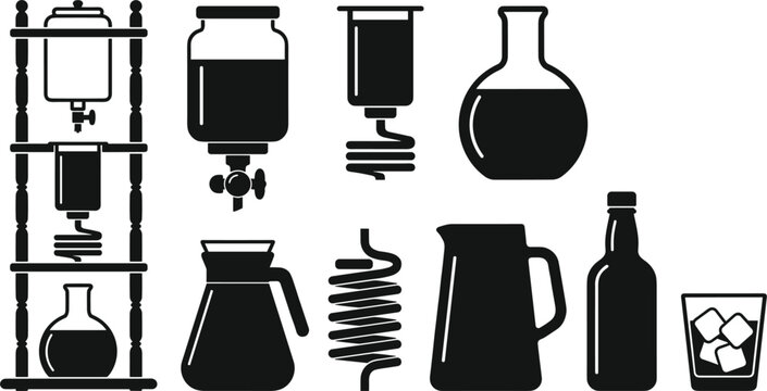 Cold Brew Coffee Maker and Laboratory Style Brewing Equipment Icon Set with Flasks, Bottles, and Cold Drip Towers,