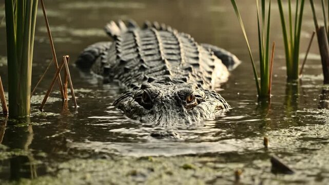 American alligator resting in murky pond water surrounded by green reeds. Close-up view of the reptile's head and scaly back in a dark swamp environment during daylight hours.