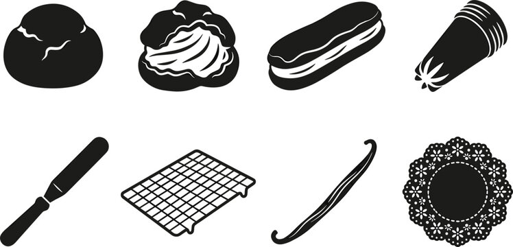 Classic French Pastry Icon Set with Eclair, Profiterole, Cream Puff, Piping Nozzle, Palette Knife, and Doily Vector Illustration