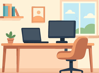 Fototapeta premium Flat illustration of a modern home office workspace with a laptop, monitor, desk, chair, and a window view.
