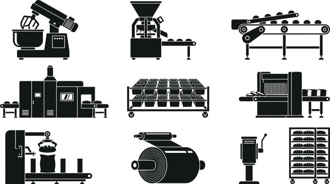 Commercial Bakery Machinery and Industrial Bread Production Line Icon Set with Stand Mixer, Dough Roller, Slicer, and Conveyor Vector Illustration