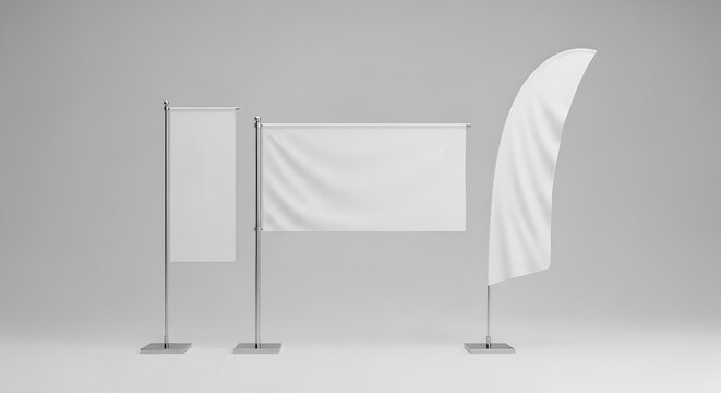 Blank white flag mockup set with feather banner and rectangular advertising flags, clean textile signage templates for corporate branding and events