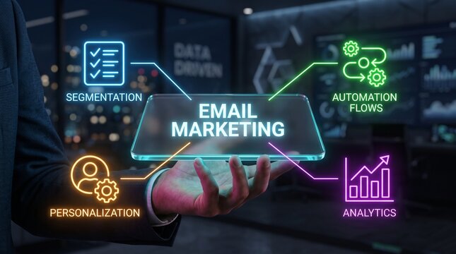Email marketing automation strategy hologram with digital data icons