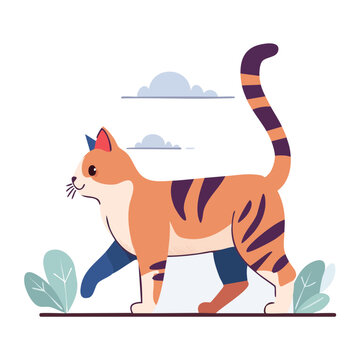 Flat illustration of a tabby cat walking