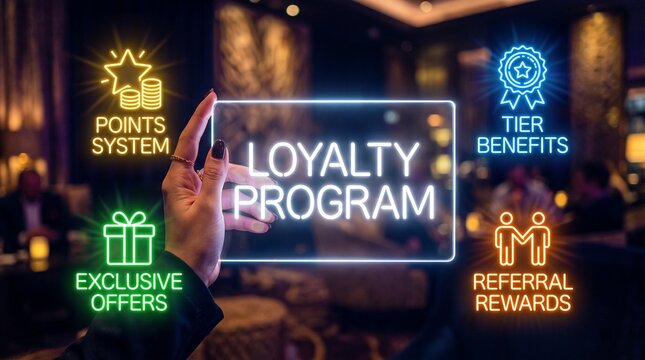 Customer loyalty program concept with digital neon icons and rewards system