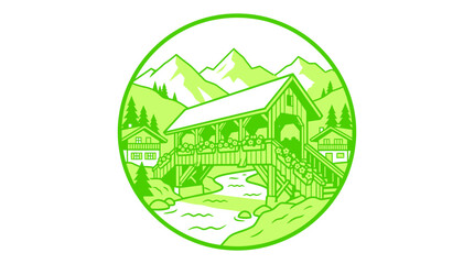 Obraz premium Covered bridge, river, village, mountains, nature landscape, green illustration