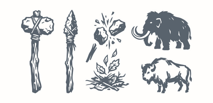 Prehistoric stone age tools and ice age animals in hand drawn vintage style