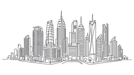 Fototapeta premium Modern City Skyline Sketch, Hand-drawn Architecture, Urban Landscape Illustration