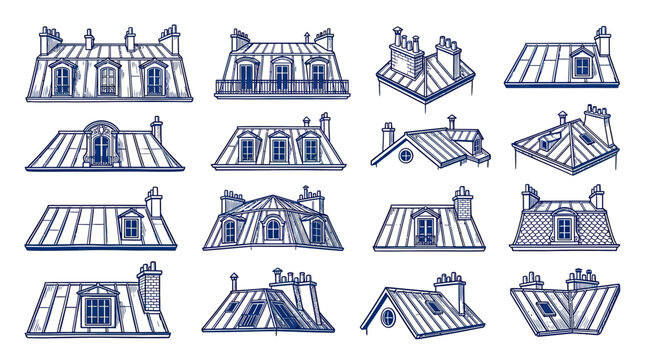 Parisian Rooftops Collection: Dormer Windows and Chimneys - Architectural Sketch