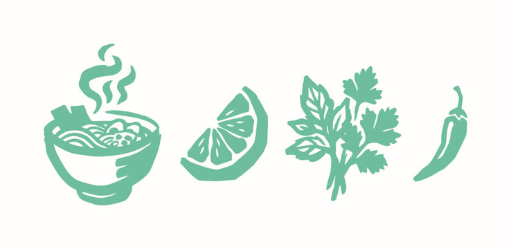 Asian noodle bowl and fresh ingredients in minimalist hand drawn linocut style