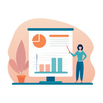 Woman presenting data on a screen with charts