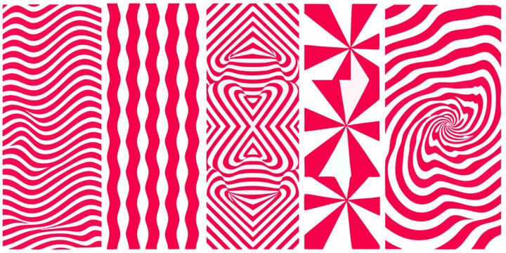 five vertical panels featuring bold geometric patterns in pink and white design abstract art patterned stripes waves triangles spiral optical illusion