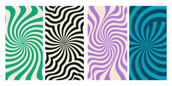 four vertical panels featuring bold retro swirl patterns design colors abstract art geometric shapes vintage style graphic patterned backgrounds psychedelic effect