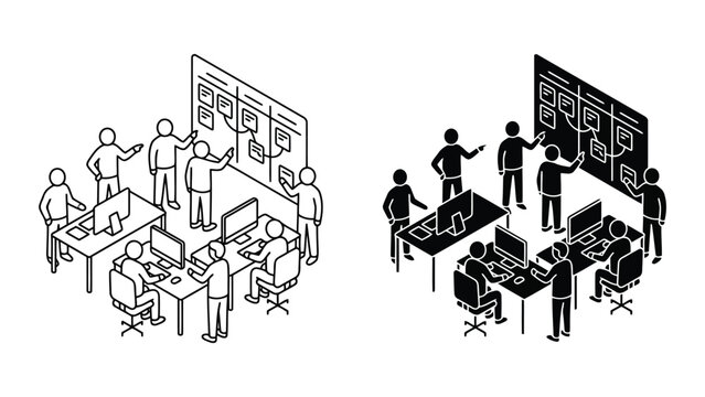 Isometric agile project management and team strategy session icon set