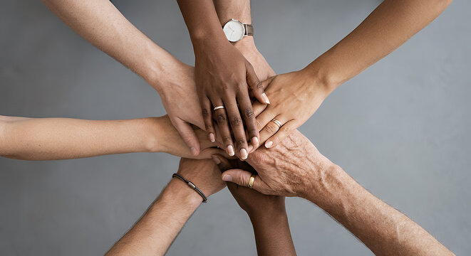 Human hands of various skin tones are stacked together in a circle to symbolize unity, equality, community support, and the strength found in diversity during a collaborative team building exercise.
