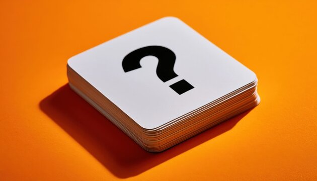 A stack of white cards with a large black question mark on the top card, centered on a solid orange with soft shadows
