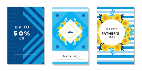three father s day greeting cards vector illustration blue yellow stripes mustache thank you sale discount flowers diamond shape card design © Lalin