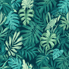 Fototapeta premium A vibrant, detailed illustration of lush tropical foliage in various shades of green against a dark background.