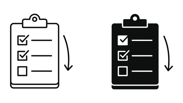 Checklist or clipboard task list icon set with downward arrow, checklist