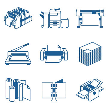 Printing Industry Icons: Offset Press, Copier, Plotter, Guillotine, Printer, Paper Stack, Rolls, Booklet Maker, Folder