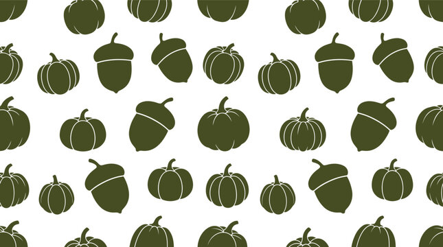 Autumn seamless vector pattern with pumpkins and acorns in olive green on white background
