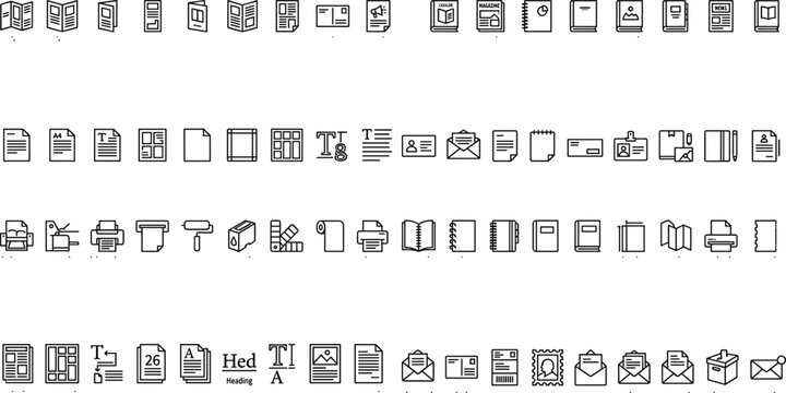 Commercial printing and publication office line art icon vector set featuring brochure brochure layout newspaper mail stationery book binding catalog and document template.