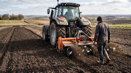 Obraz premium Modern tractor plowing field with rotary tiller, farmer working on agricultural land, industrial farming machinery cultivating dark soil in countryside