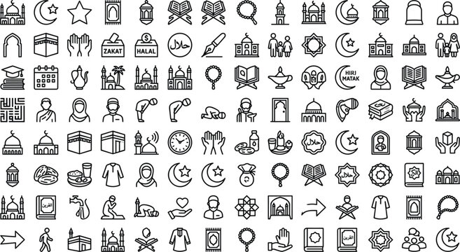 Islamic line art icon vector set featuring ramadan kareem celebration mosque kaaba quran prayer rug lantern crescent moon halal and muslim culture symbols.
