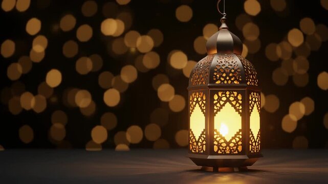 Beautifully animated Ramadan lantern featuring a warm glowing light on a cinematic bokeh background. Perfect for Islamic holiday greetings, cultural events, and festive video projects.