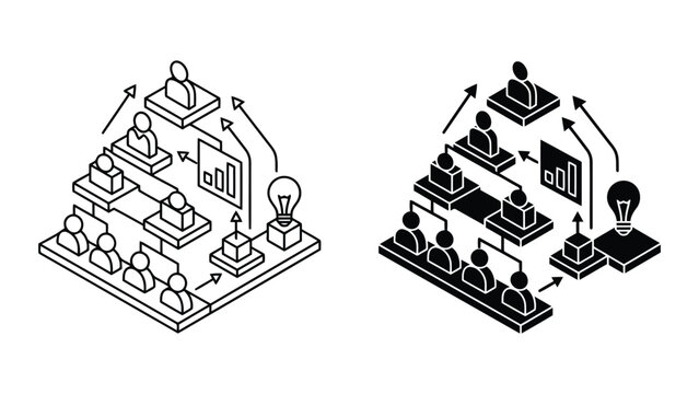 Isometric corporate team hierarchy charts with data and ideas icons, hierarchy