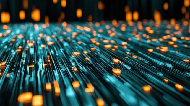 Abstract digital network with teal and orange glowing data points and grid lines