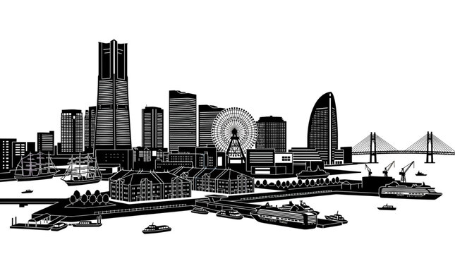 Yokohama Skyline: Iconic Harbor Cityscape Illustration with Ships and Ferris Wheel