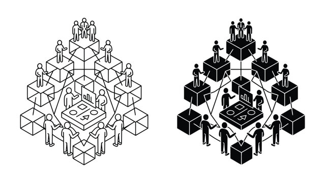 Corporate organizational structure and team management isometric icons