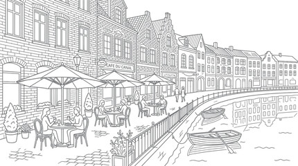 Fototapeta premium European Canal Cafe Scene Illustration - Outdoor Seating and Boats