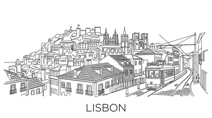 Obraz premium Lisbon Skyline Sketch with Tram and Castle - Hand-drawn Cityscape Illustration