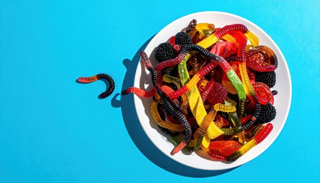 A Vibrant Pile of Tangled Gummy Worms and Sour Belts on a White Plate