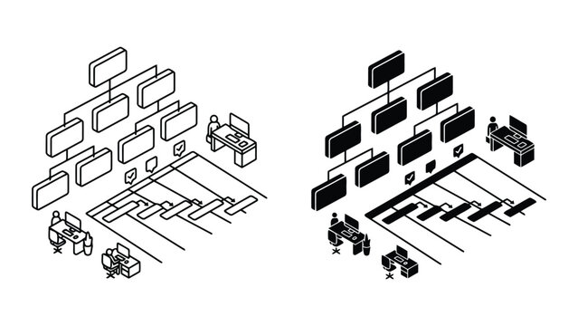 Isometric business hierarchy and workflow process mapping icon with isometric