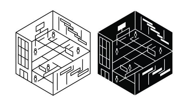 Isometric office building floor plan and project workflow icon with isometric