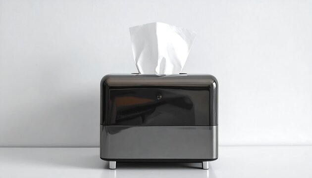Close-up of a tissue dispenser, black and gray, with a tissue partially pulled out, against a plain white background