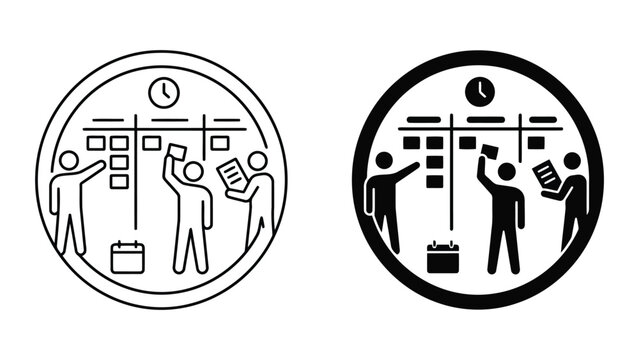 Agile project management icons with team collaborating on kanban board, planning