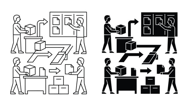 Workflow management icons showing team members organizing tasks and boxes