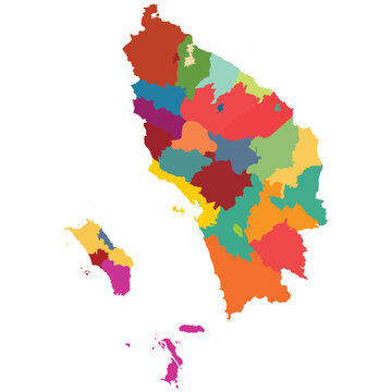 Detailed vector map of North Sumatra (Sumatera Utara) province with 33 regencies.