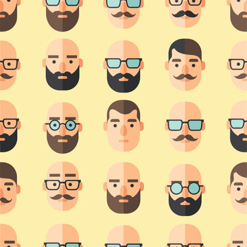 Hipster male faces with beards and glasses seamless pattern