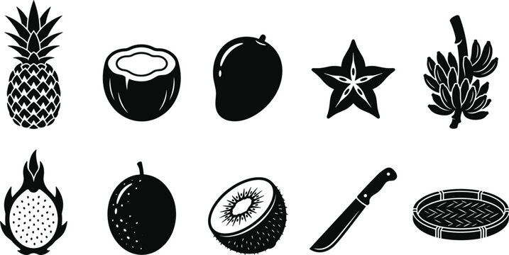 Fresh Tropical Fruit Harvest Icon Set with Pineapple, Coconut, Mango, Starfruit, Banana Bunch, Dragonfruit, Passionfruit, Kiwi, Machete, and Woven Basket,