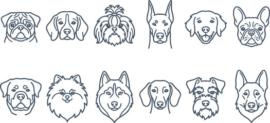 Dog Breed Face Line Art Collection Featuring Bulldog Beagle Poodle Doberman Husky Shepherd and Terrier Outline Portrait Illustrations for Pet Design © MstSuborna