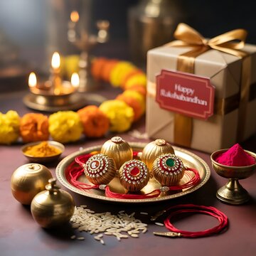 Traditional Rakhi ceremony arrangement featuring kumkum, turmeric, diya, and gift box.